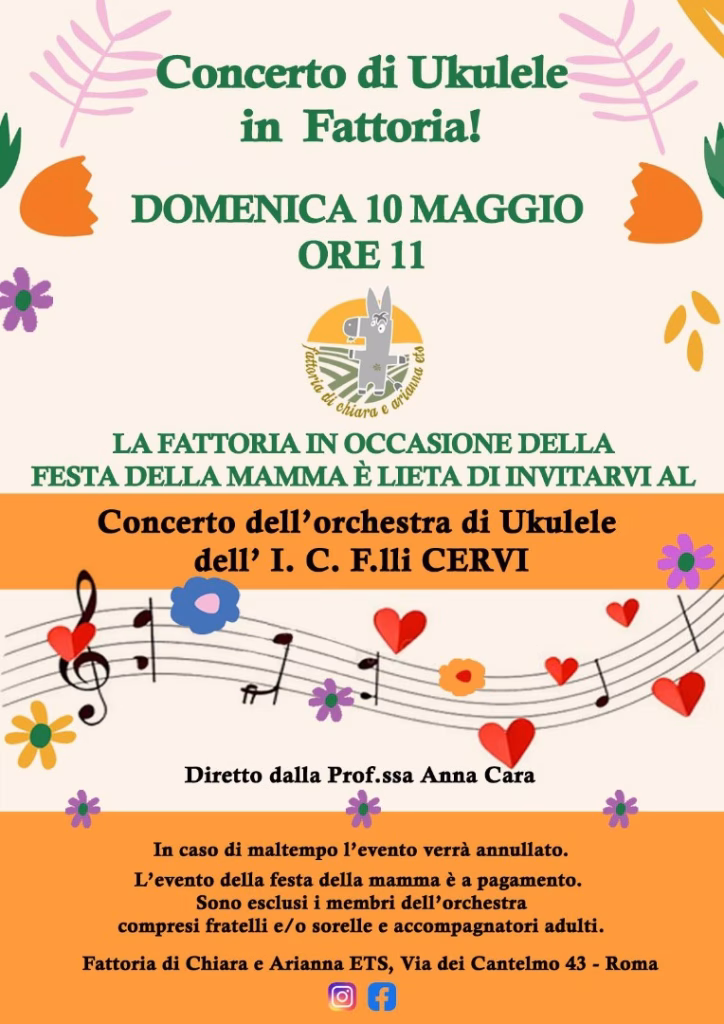 Locandina concerto dell'orchestra di Ukulele per la festa della mamma alla Fattoria di Chiara e Arianna ETS 